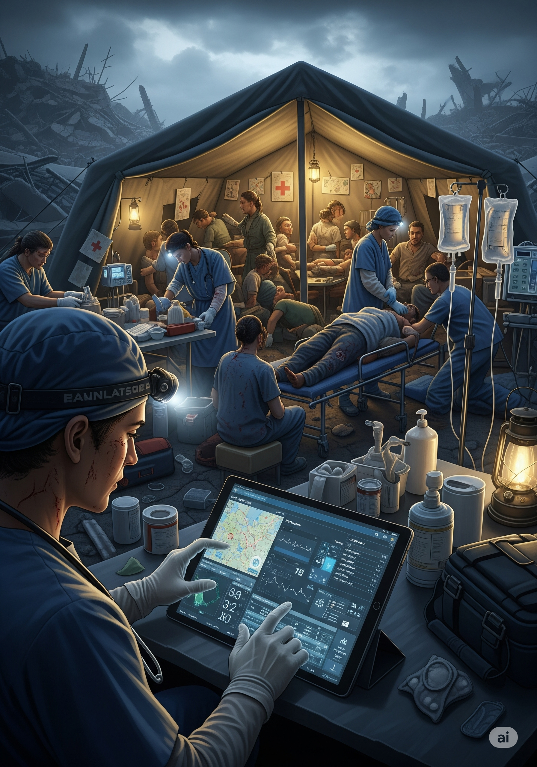 Doctor reviewing patient data on a tablet in a field hospital